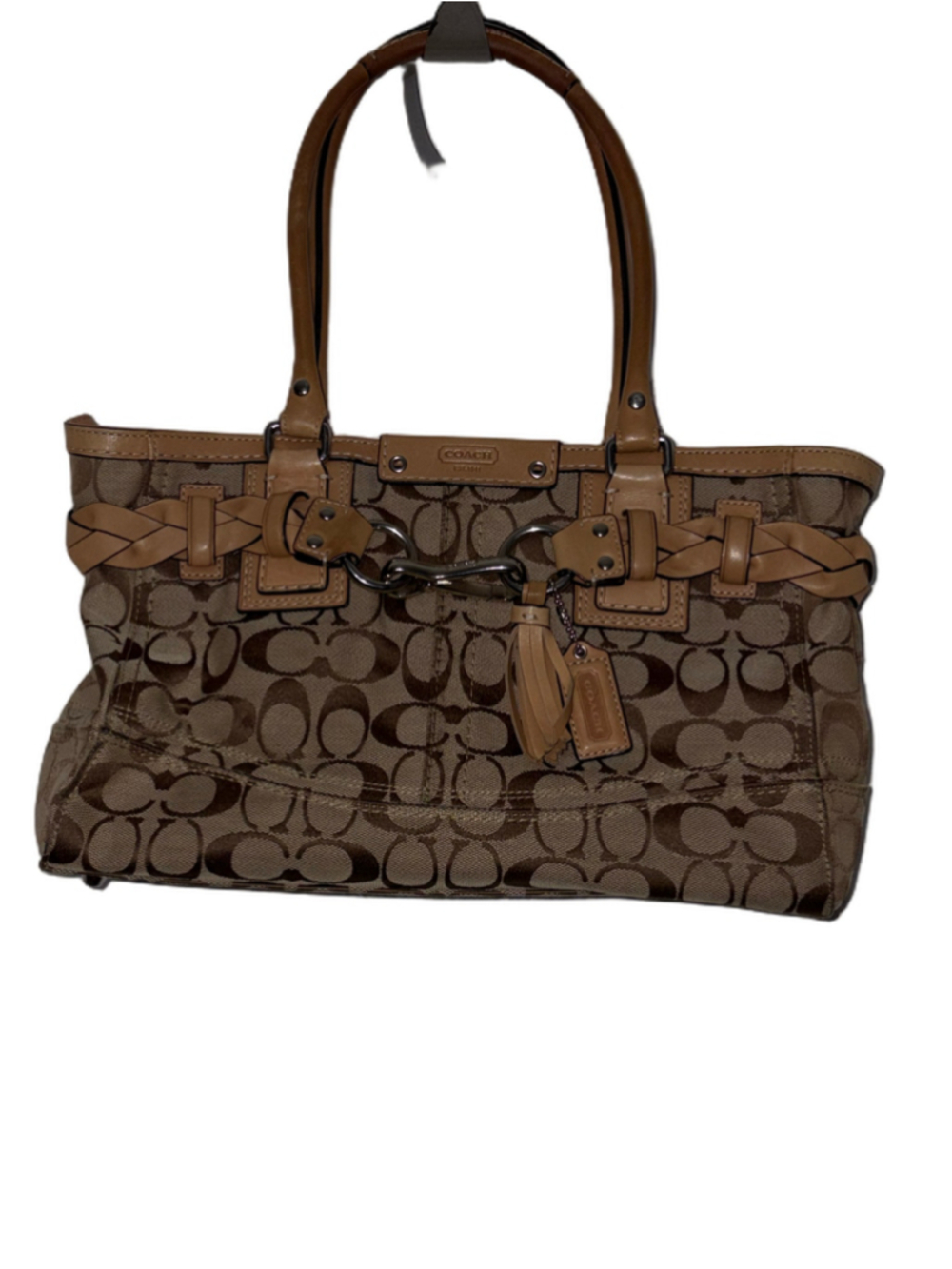 Coach Hampton Signature Jacquard Braided Leather Tote Bag Brown Tan